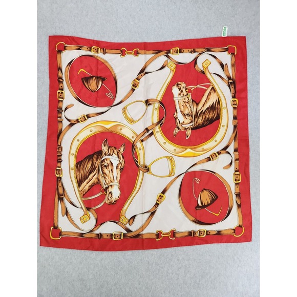 Us Vintage Accessories - Vintage Equestrian Horses Riders English Riding Large Silky Scarf Red‎ Wall Art